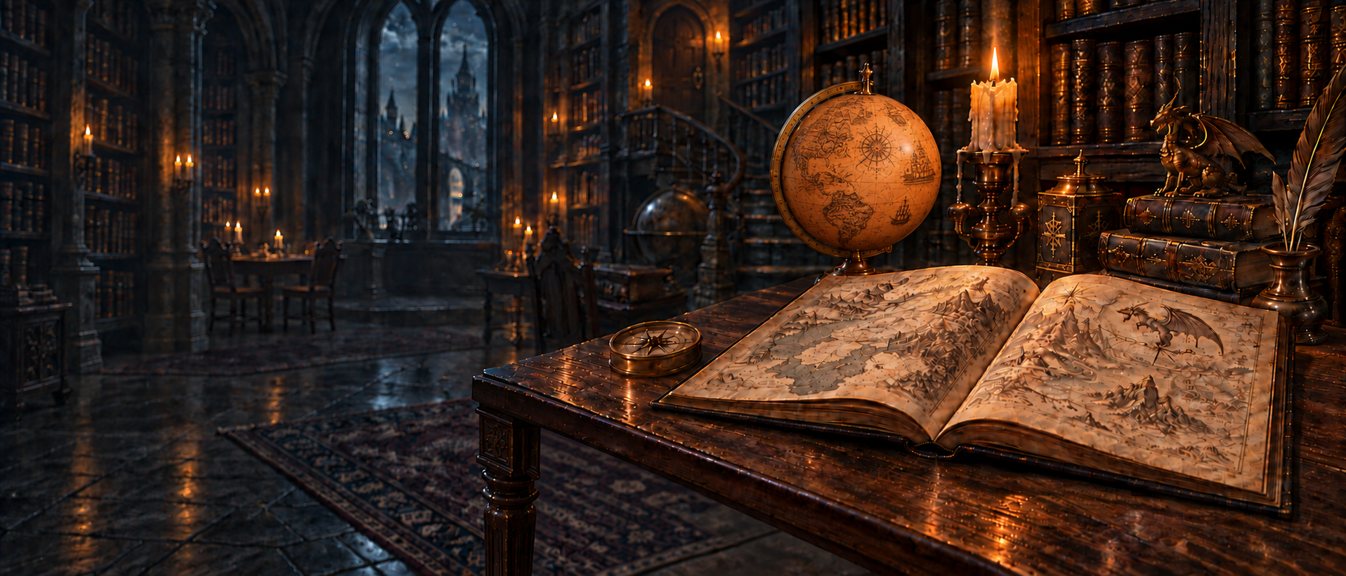 Gotycka biblioteka z drzwiami u szczytu schodów, gładkim pomarańczowym globusem fantasy oraz otwartym atlasem na drewnianym stole